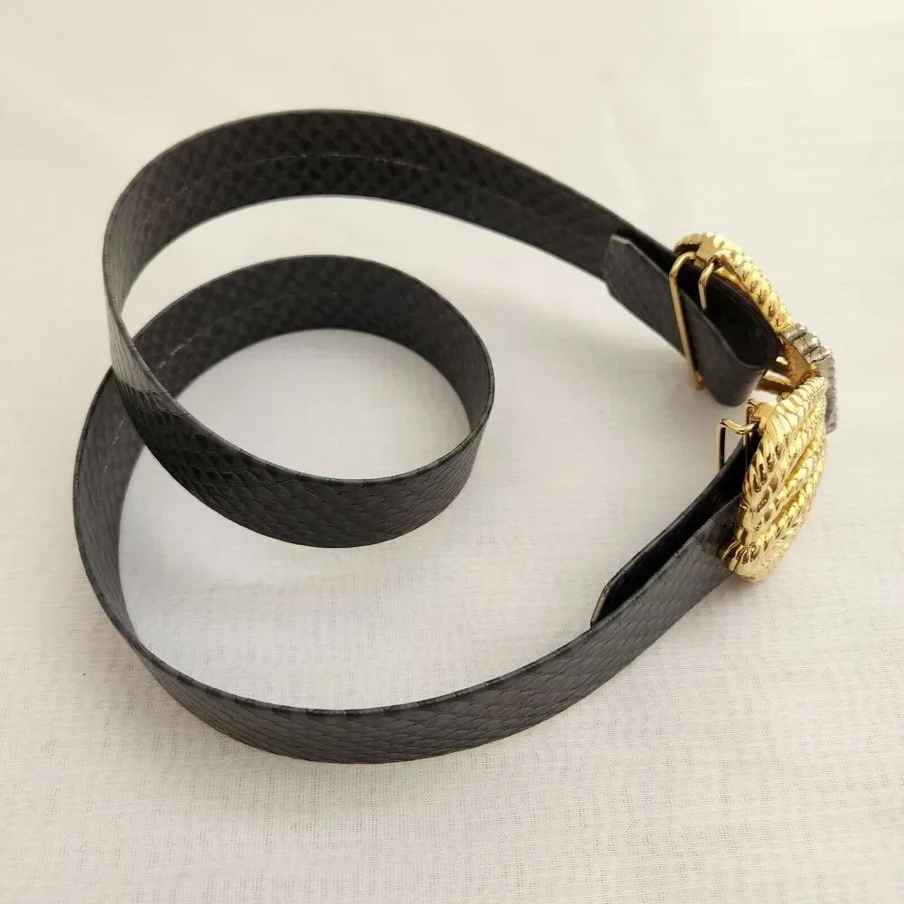 Women's Belt Gray Faux Snakeskin Removable Belt Gold Silver Crown Hook Buckle